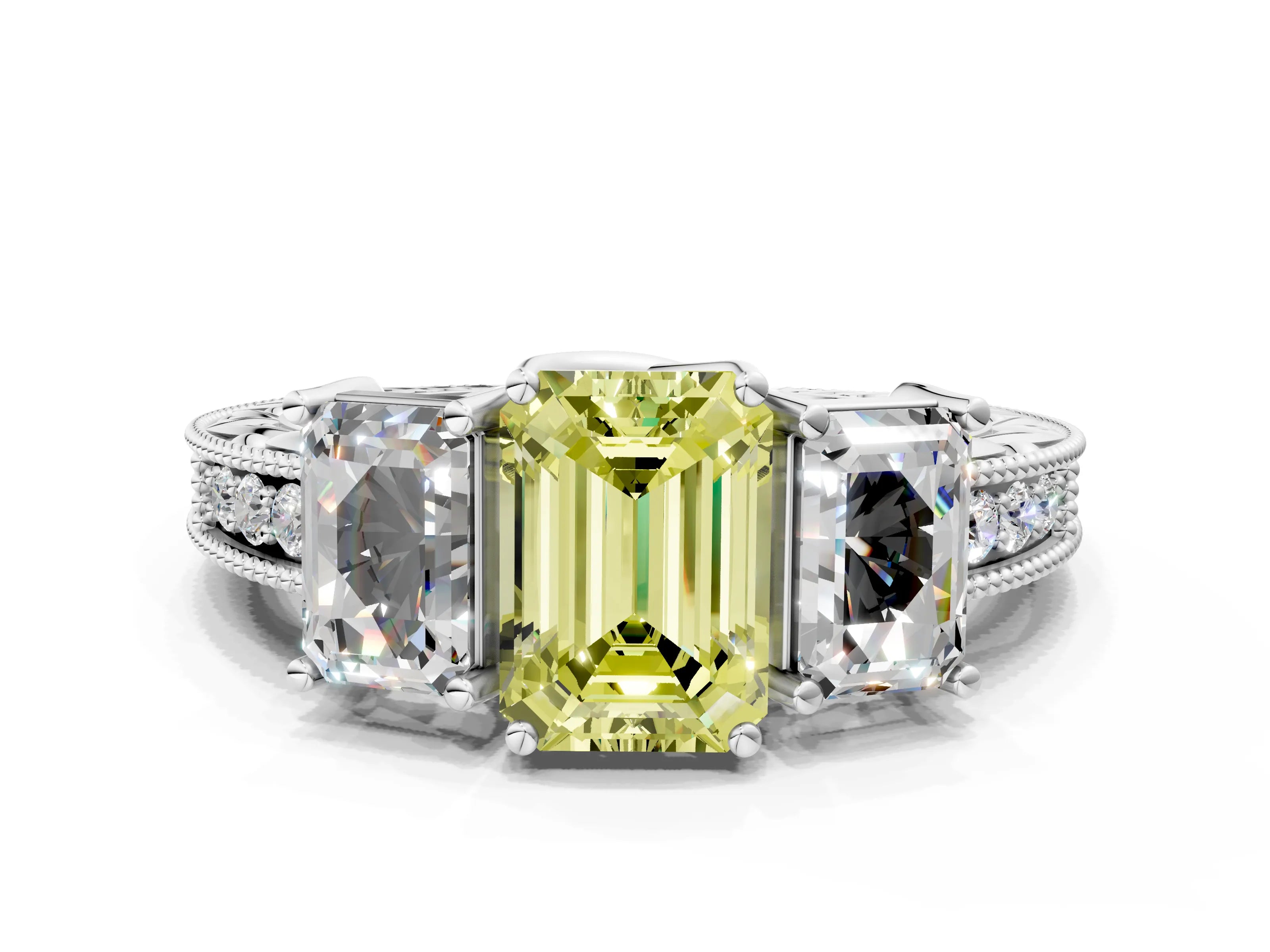 White gold Three-Stone Fancy Yellow Emerald Cut Cut Milgrain Pavé Engagement Ring_12