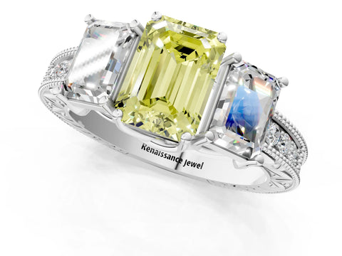 White gold Three-Stone Fancy Yellow Emerald Cut Cut Milgrain Pavé Engagement Ring_13