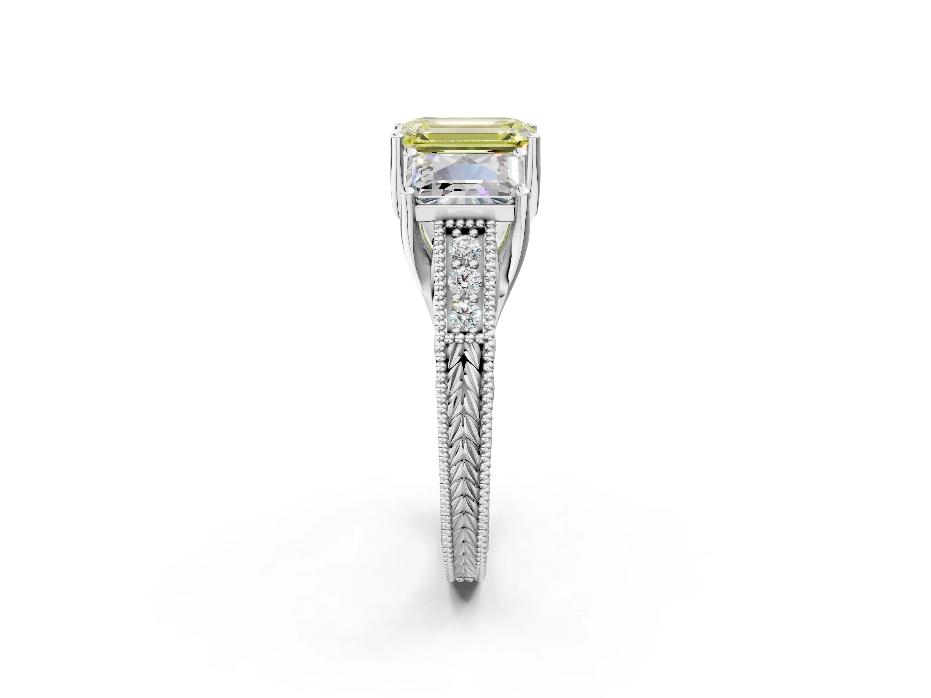 White gold Three-Stone Fancy Yellow Emerald Cut Cut Milgrain Pavé Engagement Ring_14