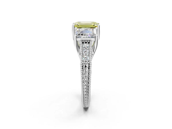 White gold Three-Stone Fancy Yellow Emerald Cut Cut Milgrain Pavé Engagement Ring