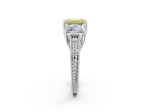 White gold Three-Stone Fancy Yellow Emerald Cut Cut Milgrain Pavé Engagement Ring_14