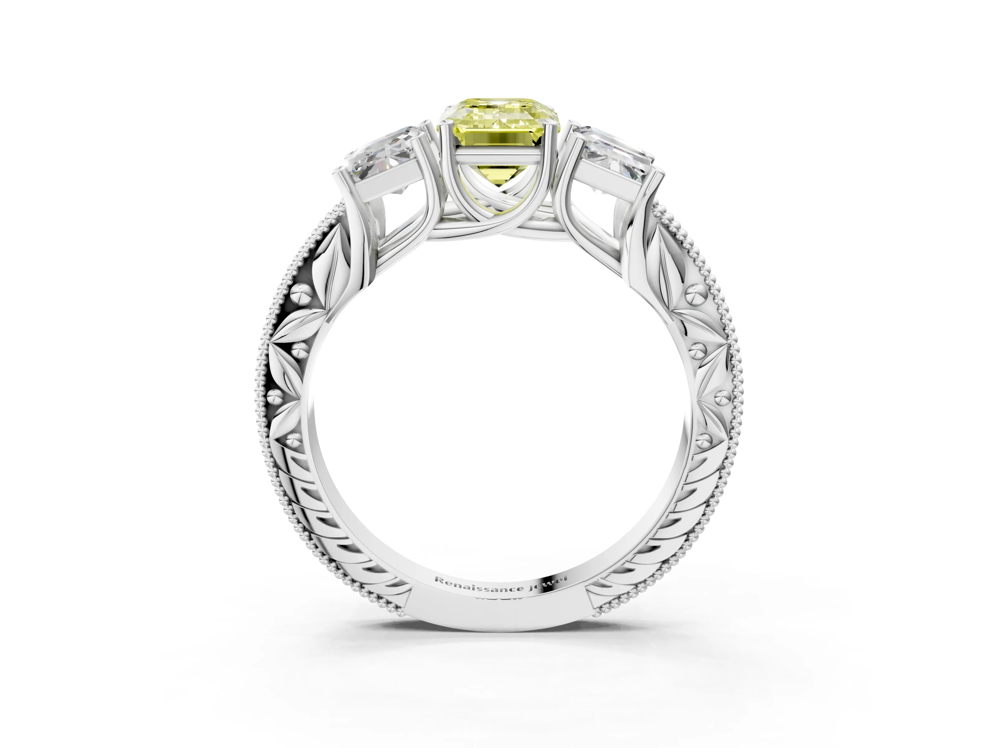 White gold Three-Stone Fancy Yellow Emerald Cut Cut Milgrain Pavé Engagement Ring_15