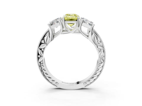 White gold Three-Stone Fancy Yellow Emerald Cut Cut Milgrain Pavé Engagement Ring_15