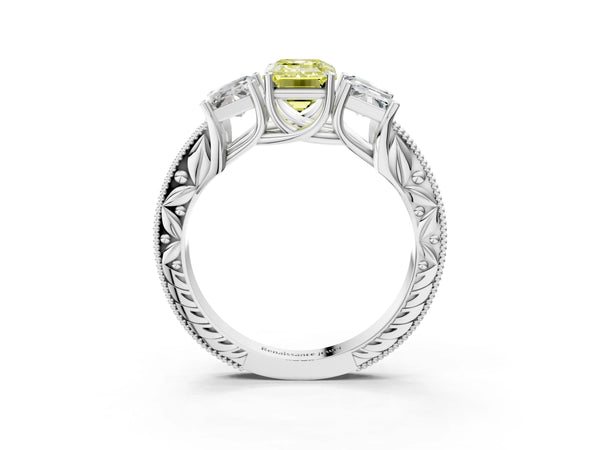 White gold Three-Stone Fancy Yellow Emerald Cut Cut Milgrain Pavé Engagement Ring