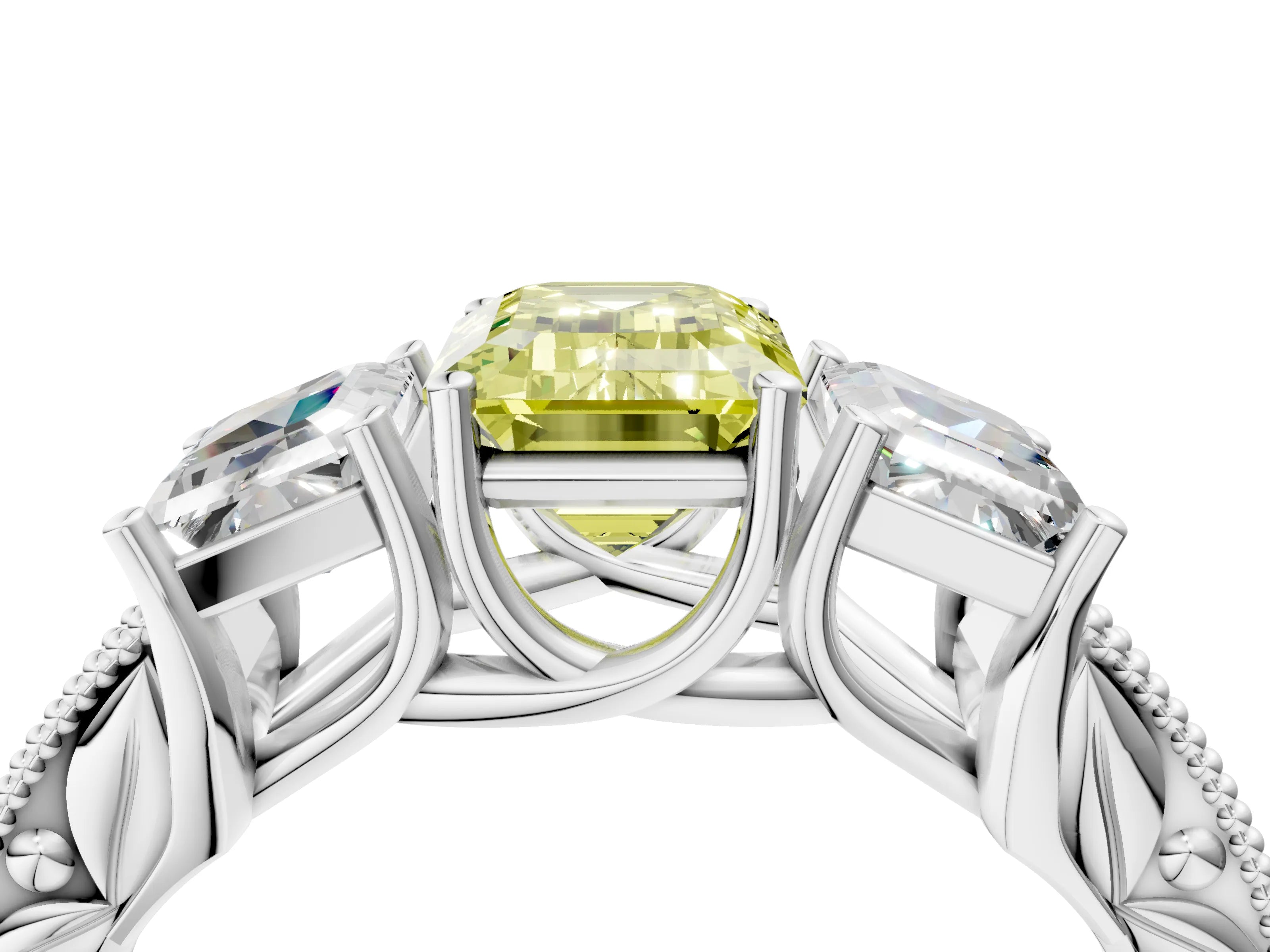 White gold Three-Stone Fancy Yellow Emerald Cut Cut Milgrain Pavé Engagement Ring_16