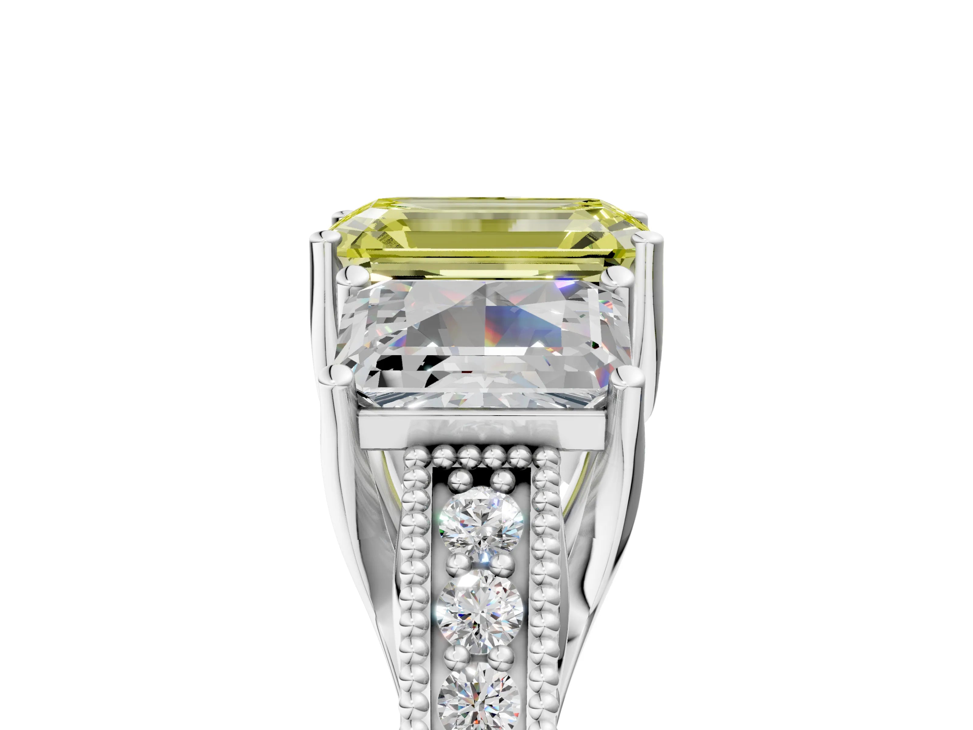White gold Three-Stone Fancy Yellow Emerald Cut Cut Milgrain Pavé Engagement Ring_17