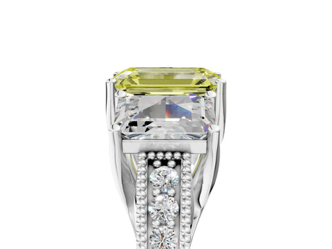 White gold Three-Stone Fancy Yellow Emerald Cut Cut Milgrain Pavé Engagement Ring_17