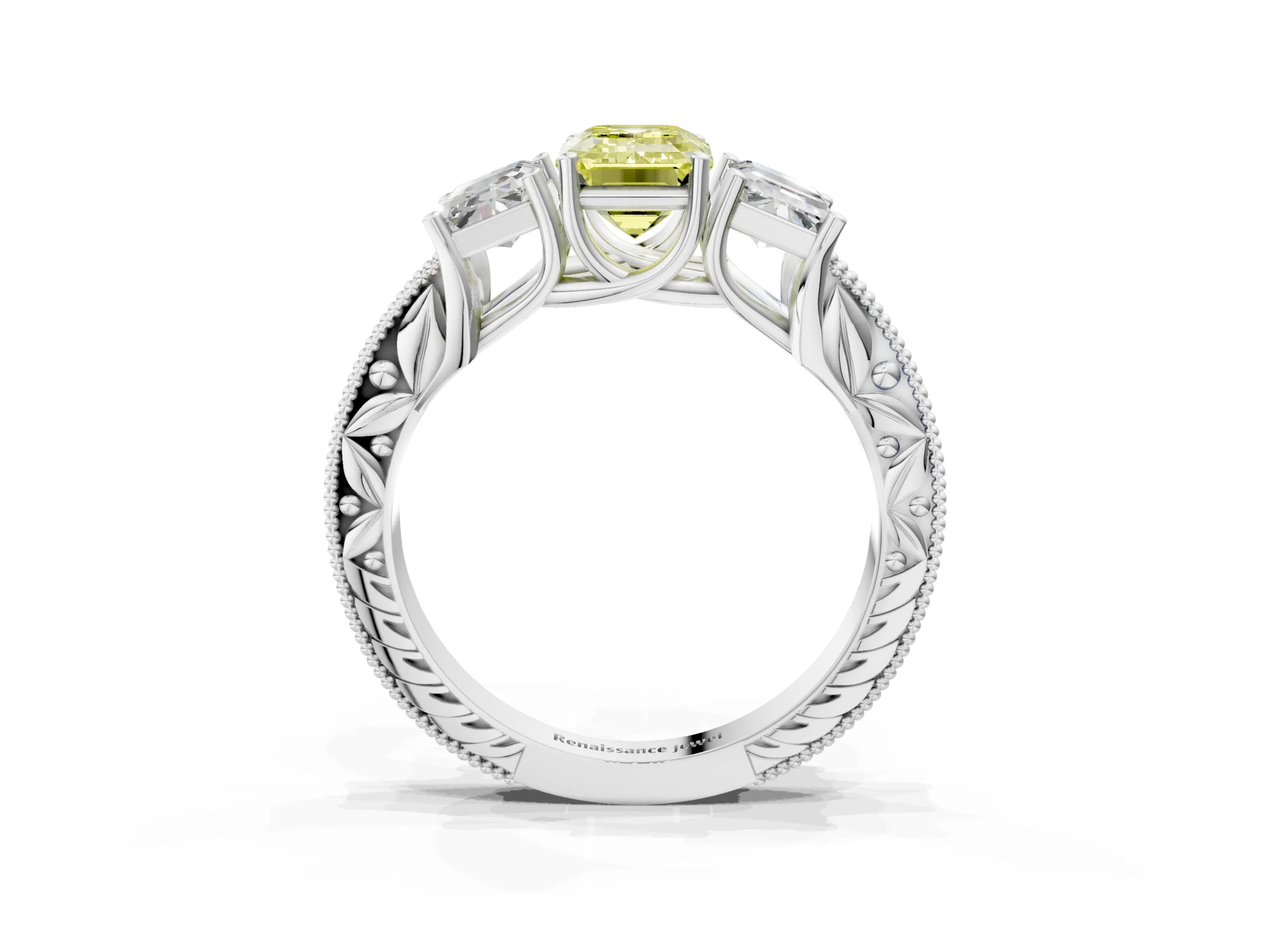 White gold Three-Stone Fancy Yellow Emerald Cut Cut Milgrain Pavé Engagement Ring_27