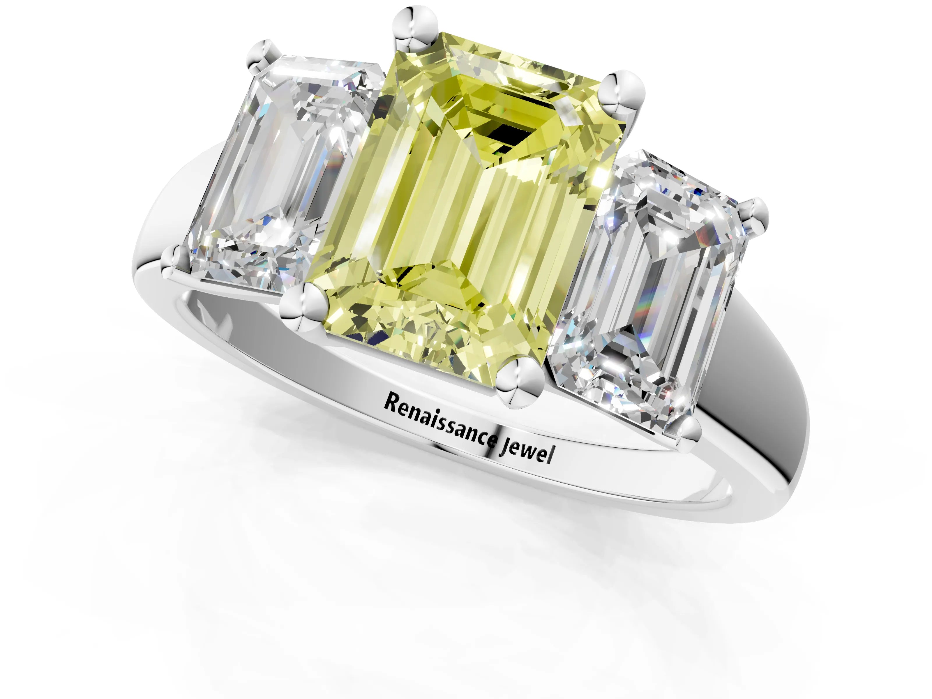 White gold Three-Stone Fancy Yellow Emerald Cut Cut Solitaire Ring with Classic Prong Setting_13