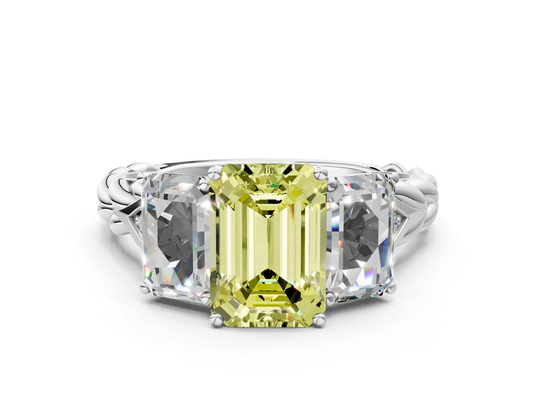 White gold Three-Stone Fancy Yellow Emerald Cut Diamond Braided Band Ring with Four-Prong Setting_108