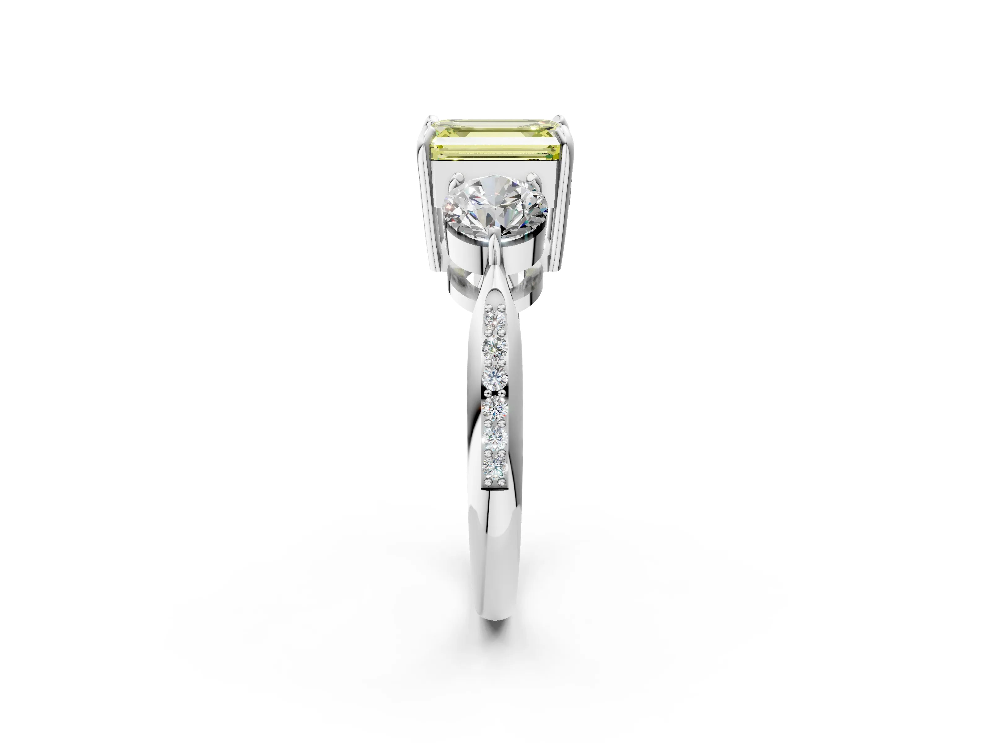 White gold Three-Stone Fancy Yellow Emerald Cut Diamond Channel Set Engagement Ring with Prong Setting_2