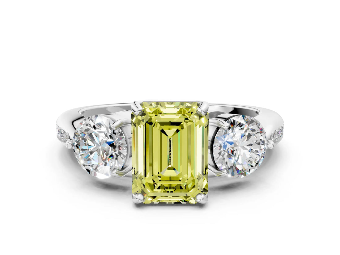White gold Three-Stone Fancy Yellow Emerald Cut Diamond Channel Set Engagement Ring with Prong Setting_36