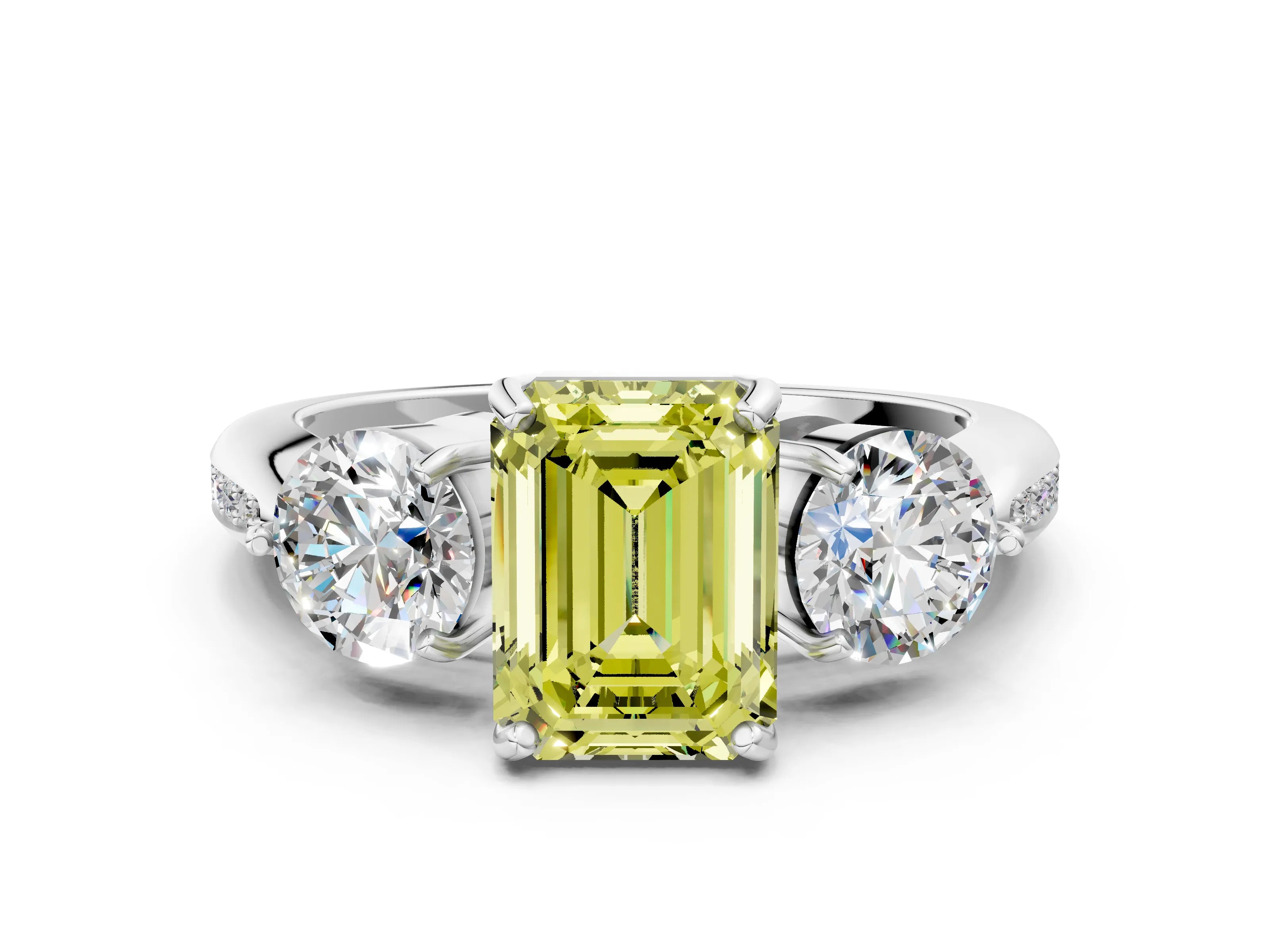 White gold Three-Stone Fancy Yellow Emerald Cut Diamond Channel Set Engagement Ring with Prong Setting_36