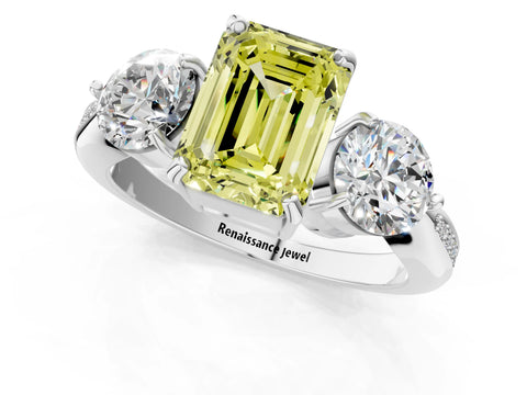 White gold Three-Stone Fancy Yellow Emerald Cut Diamond Channel Set Engagement Ring with Prong Setting_37
