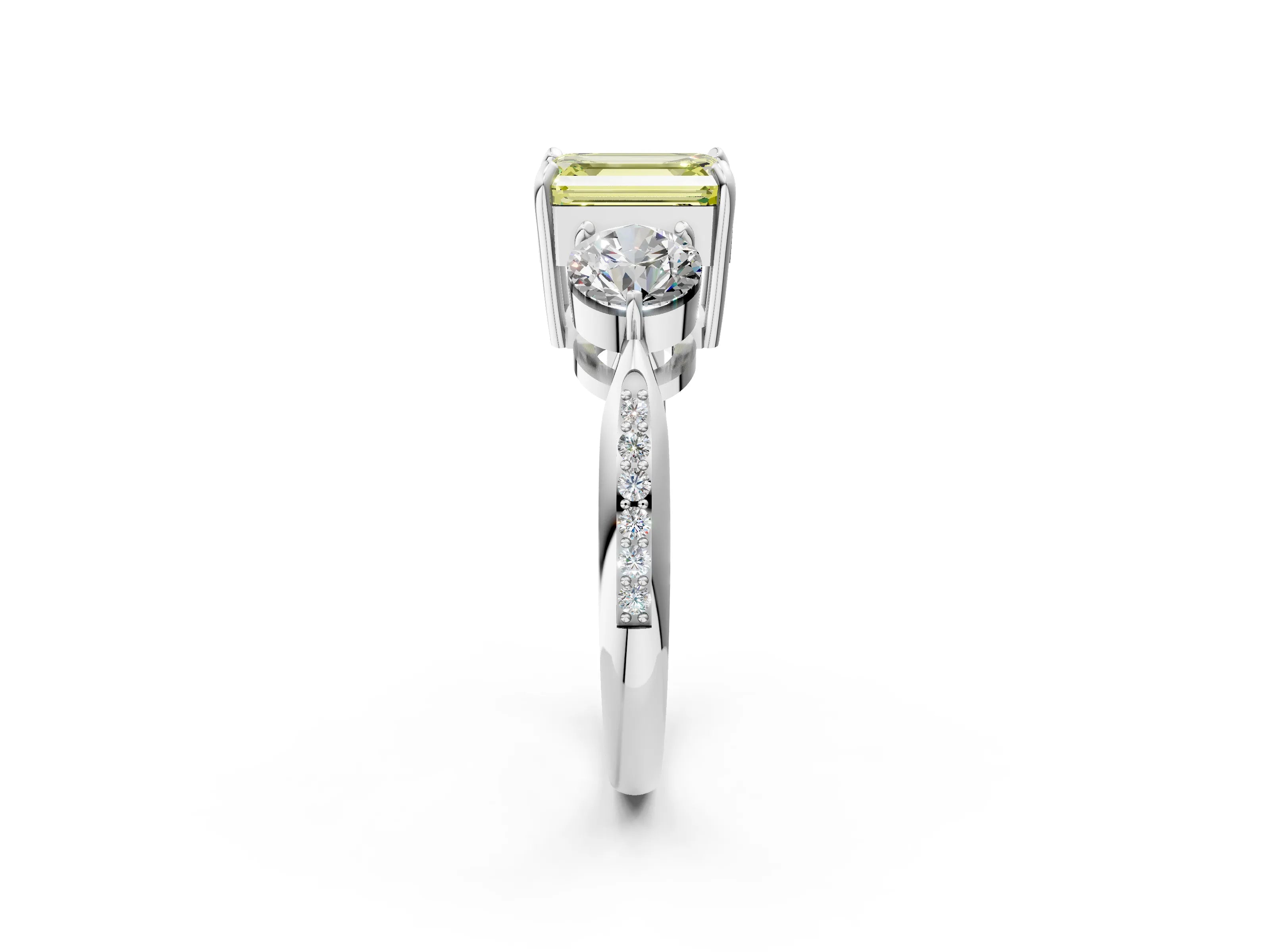 White gold Three-Stone Fancy Yellow Emerald Cut Diamond Channel Set Engagement Ring with Prong Setting_38