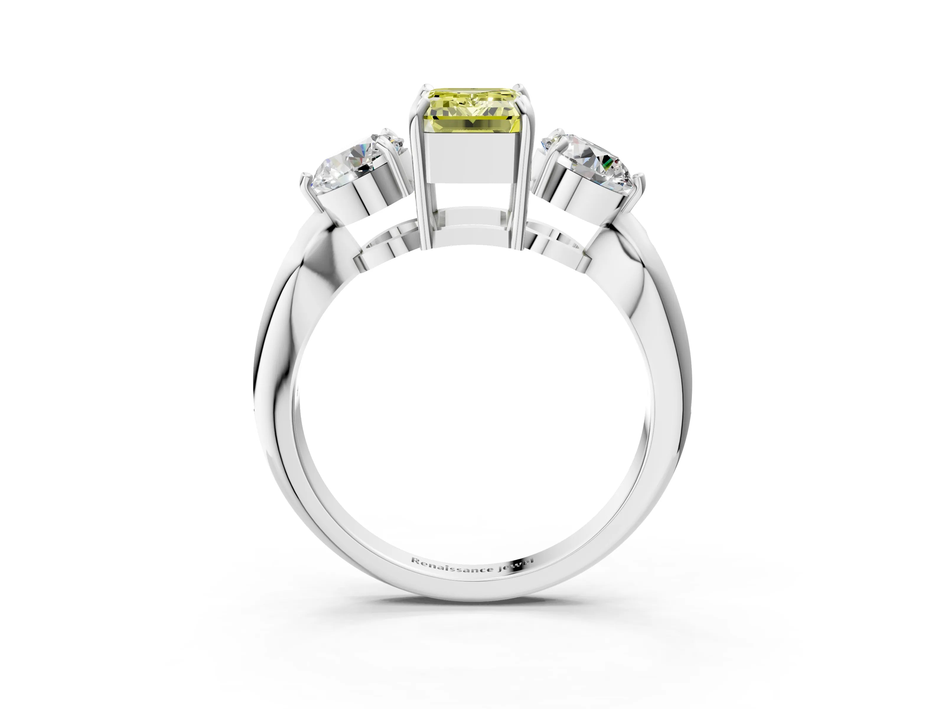 White gold Three-Stone Fancy Yellow Emerald Cut Diamond Channel Set Engagement Ring with Prong Setting_39