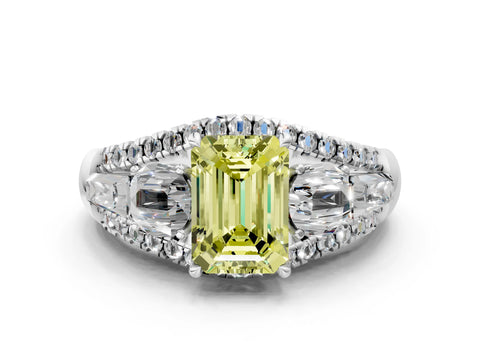 White gold Three-Stone Fancy Yellow Emerald Cut Diamond Engagement Ring with Pave Band and Prong Setting_13