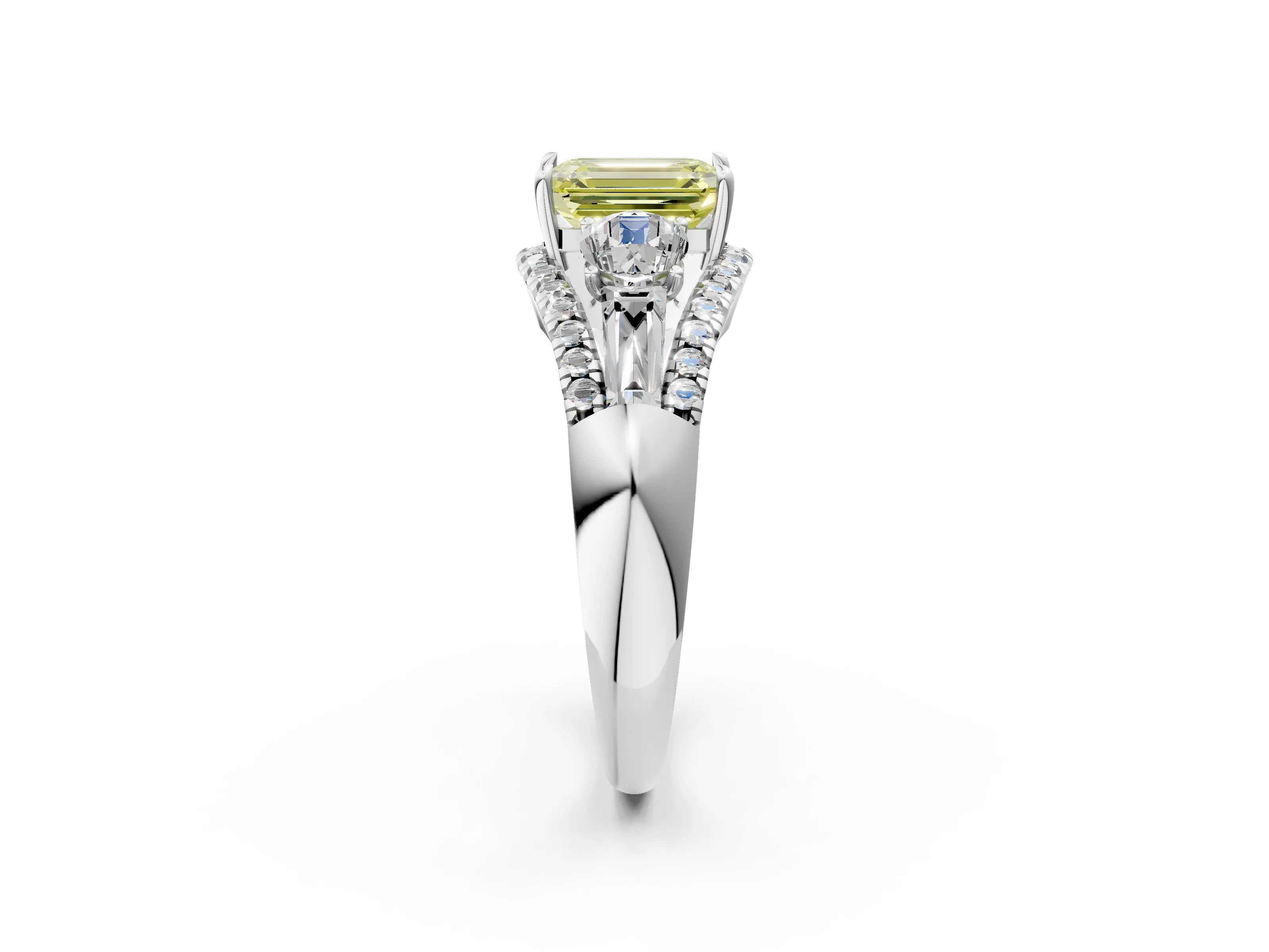 White gold Three-Stone Fancy Yellow Emerald Cut Diamond Engagement Ring with Pave Band and Prong Setting_14