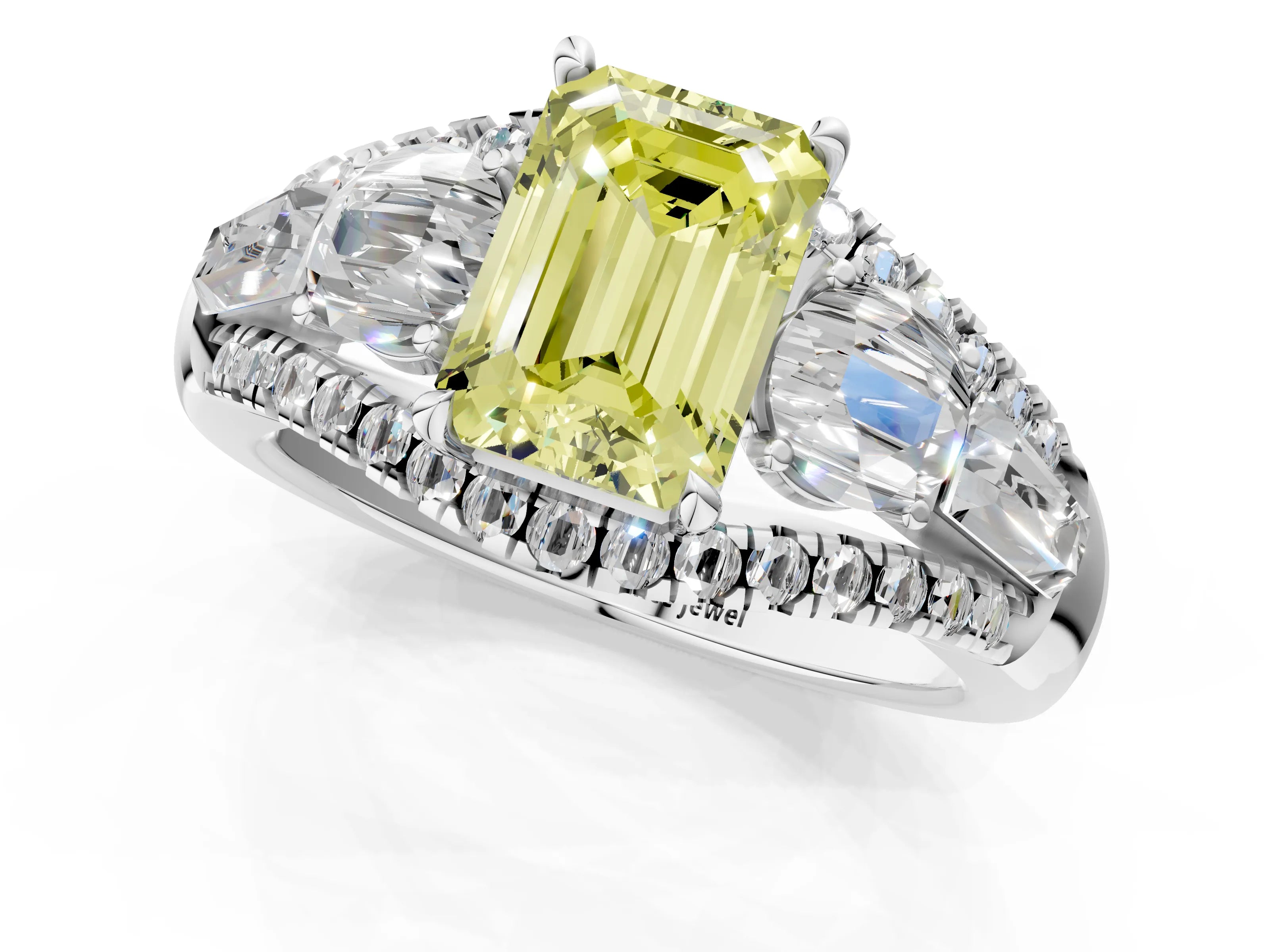 White gold Three-Stone Fancy Yellow Emerald Cut Diamond Engagement Ring with Pave Band and Prong Setting_14