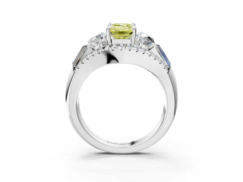 White gold Three-Stone Fancy Yellow Emerald Cut Diamond Engagement Ring with Pave Band and Prong Setting_16