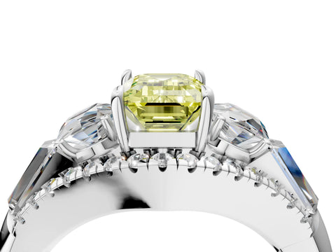 White gold Three-Stone Fancy Yellow Emerald Cut Diamond Engagement Ring with Pave Band and Prong Setting_17