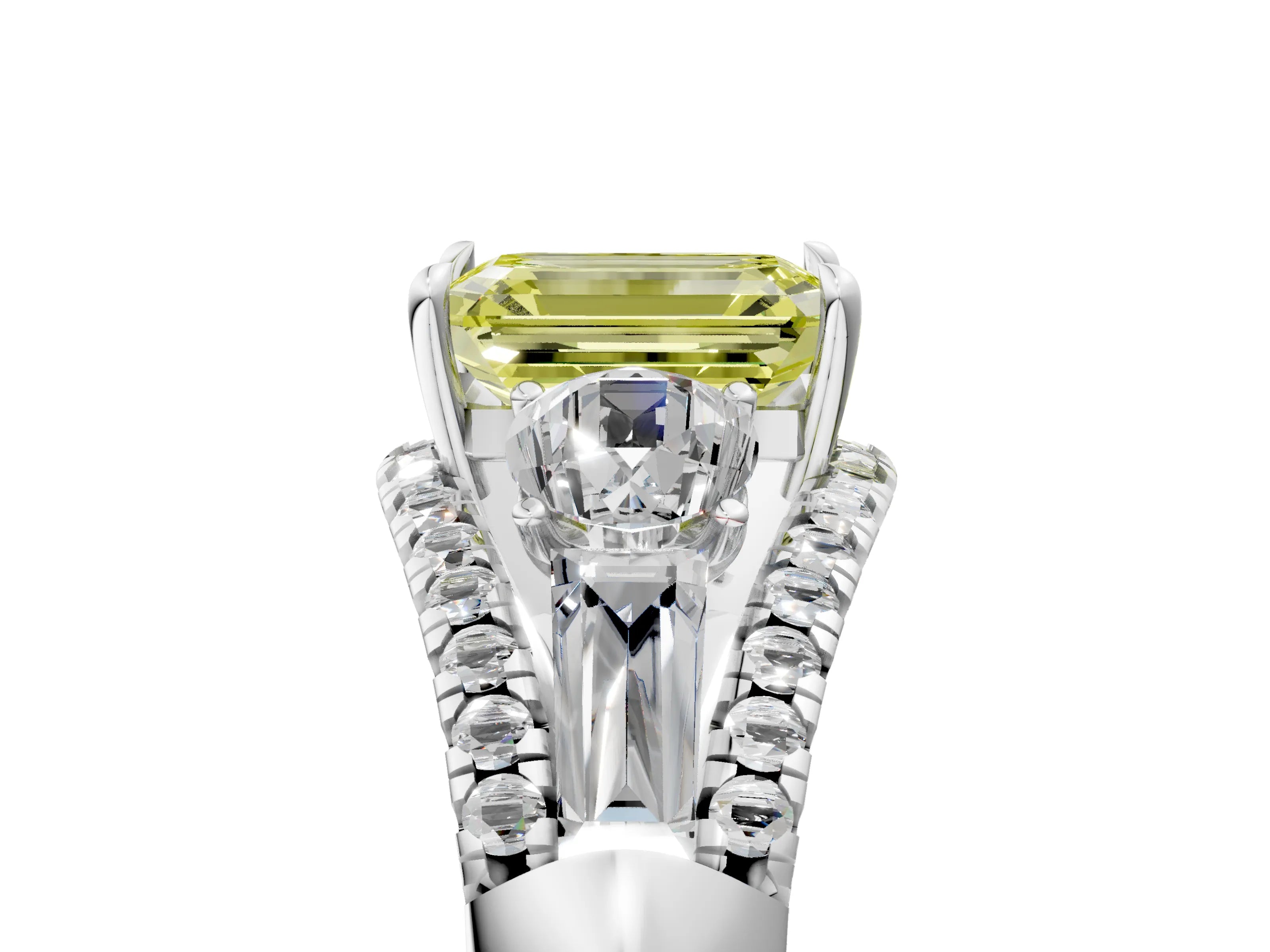 White gold Three-Stone Fancy Yellow Emerald Cut Diamond Engagement Ring with Pave Band and Prong Setting_17