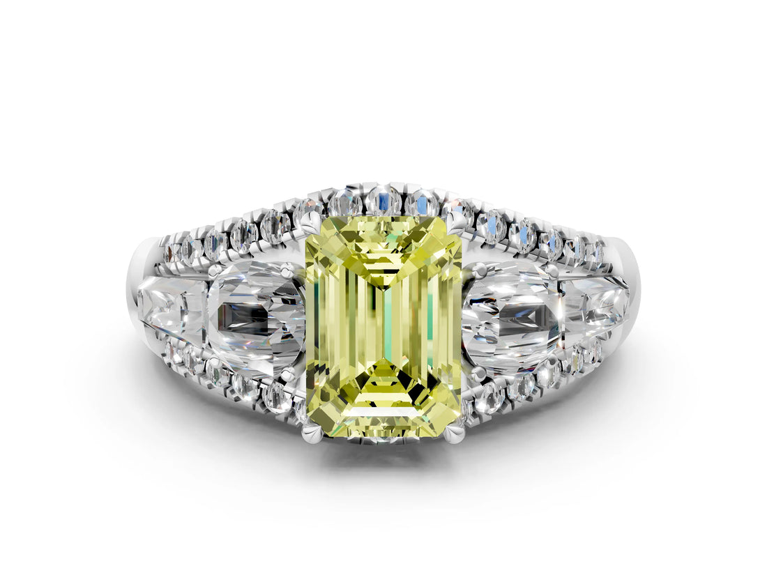 White gold Three-Stone Fancy Yellow Emerald Cut Diamond Engagement Ring with Pave Band and Prong Setting_24