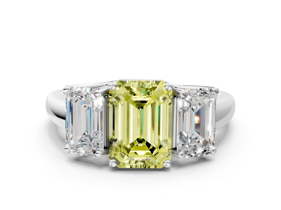 White gold Three-Stone Fancy Yellow Emerald Cut Diamond Engagement Ring with Prong Setting_15