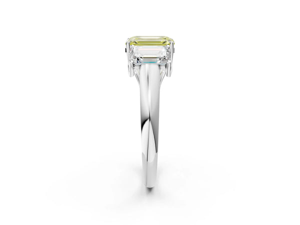 White gold Three-Stone Fancy Yellow Emerald Cut Diamond Engagement Ring with Prong Setting