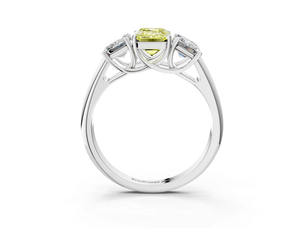 White gold Three-Stone Fancy Yellow Emerald Cut Diamond Engagement Ring with Prong Setting