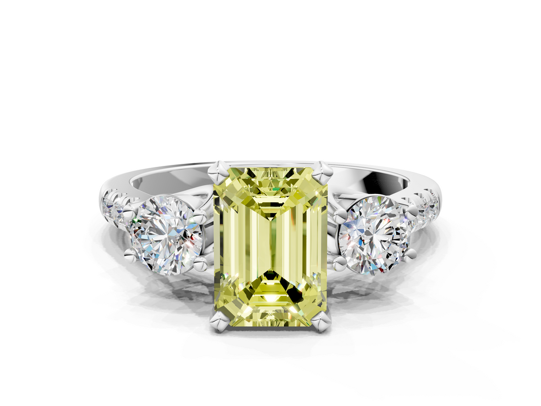 White gold Three-Stone Fancy Yellow Emerald  Cut Diamond Pavé Band with Four-Prong Setting_28