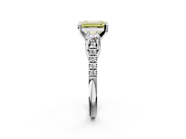 White gold Three-Stone Fancy Yellow Emerald Cut Diamond Pavé Band with Four-Prong Setting