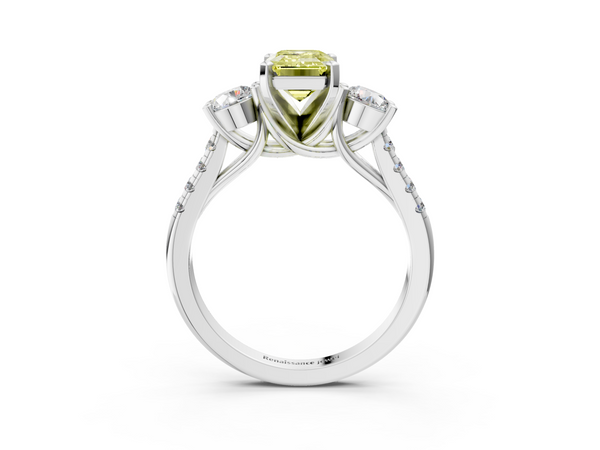White gold Three-Stone Fancy Yellow Emerald Cut Diamond Pavé Band with Four-Prong Setting