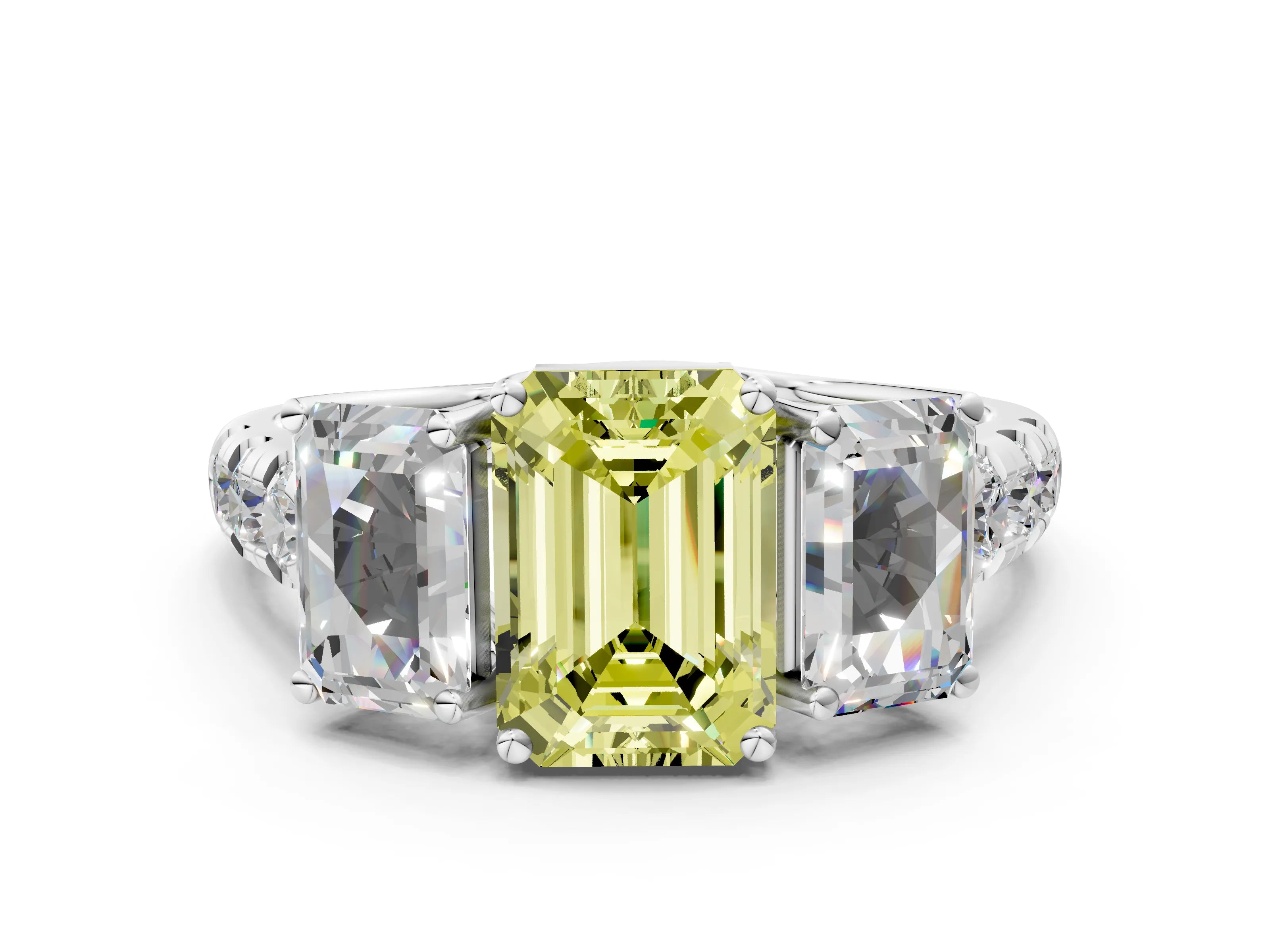 White gold Three-Stone Fancy Yellow Emerald Cut Diamond Pavé Band with Prong Setting_12