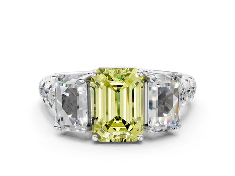 White gold Three-Stone Fancy Yellow Emerald Cut Diamond Pavé Band with Prong Setting_12