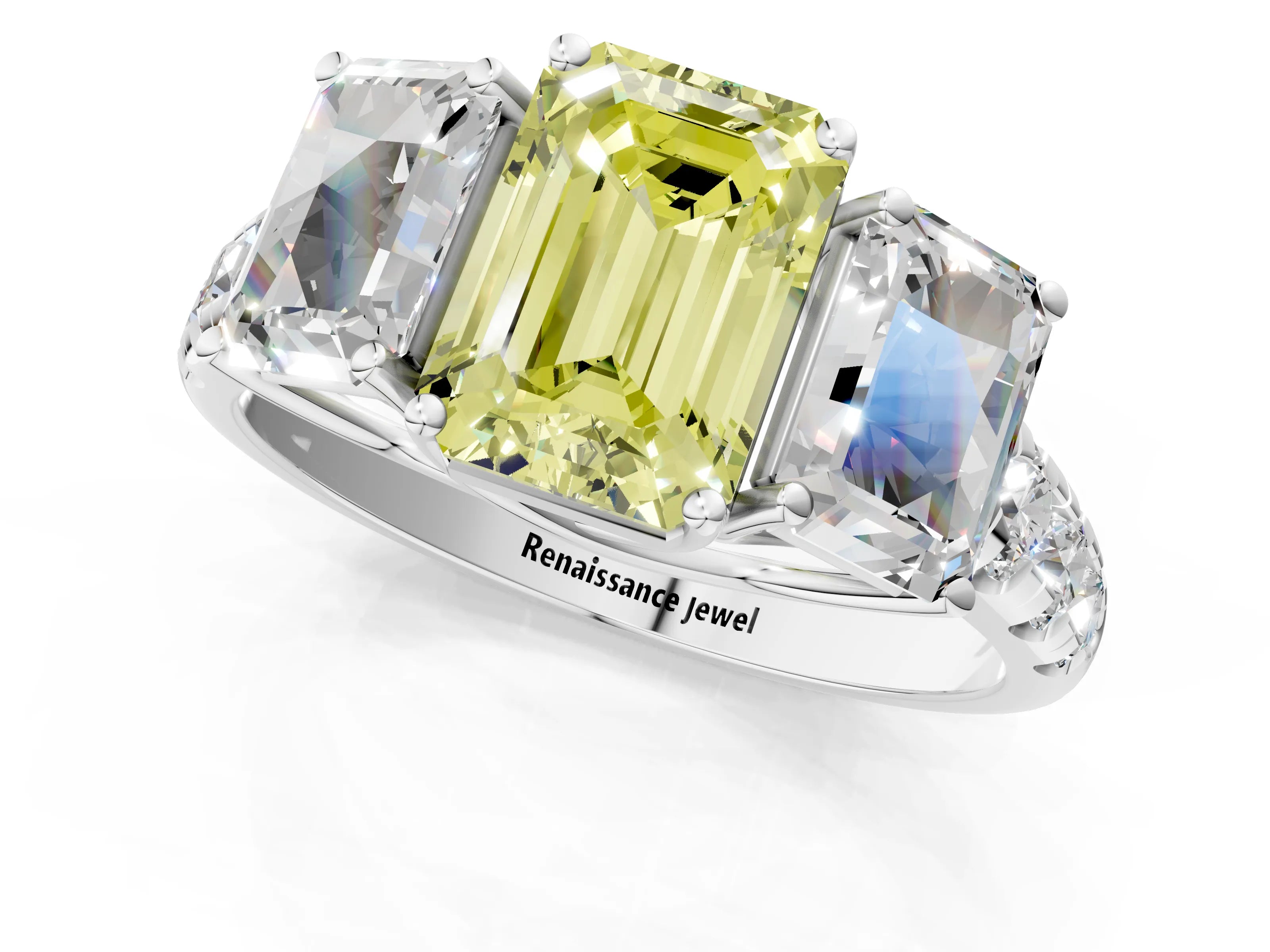 White gold Three-Stone Fancy Yellow Emerald Cut Diamond Pavé Band with Prong Setting_13