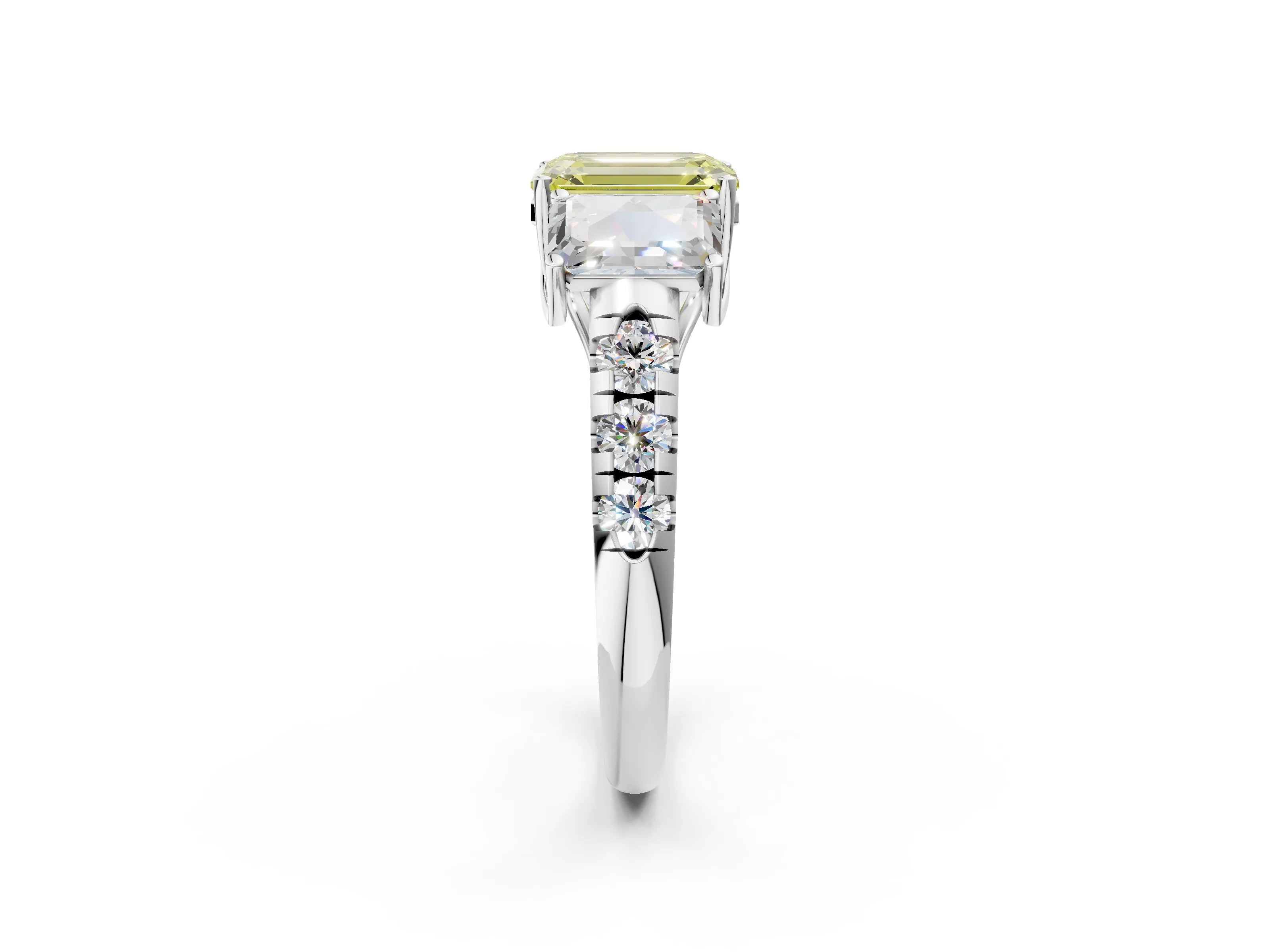 White gold Three-Stone Fancy Yellow Emerald Cut Diamond Pavé Band with Prong Setting_14