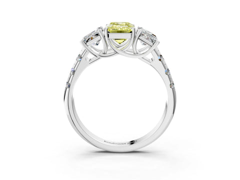 White gold Three-Stone Fancy Yellow Emerald Cut Diamond Pavé Band with Prong Setting_15
