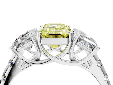 White gold Three-Stone Fancy Yellow Emerald Cut Diamond Pavé Band with Prong Setting_16