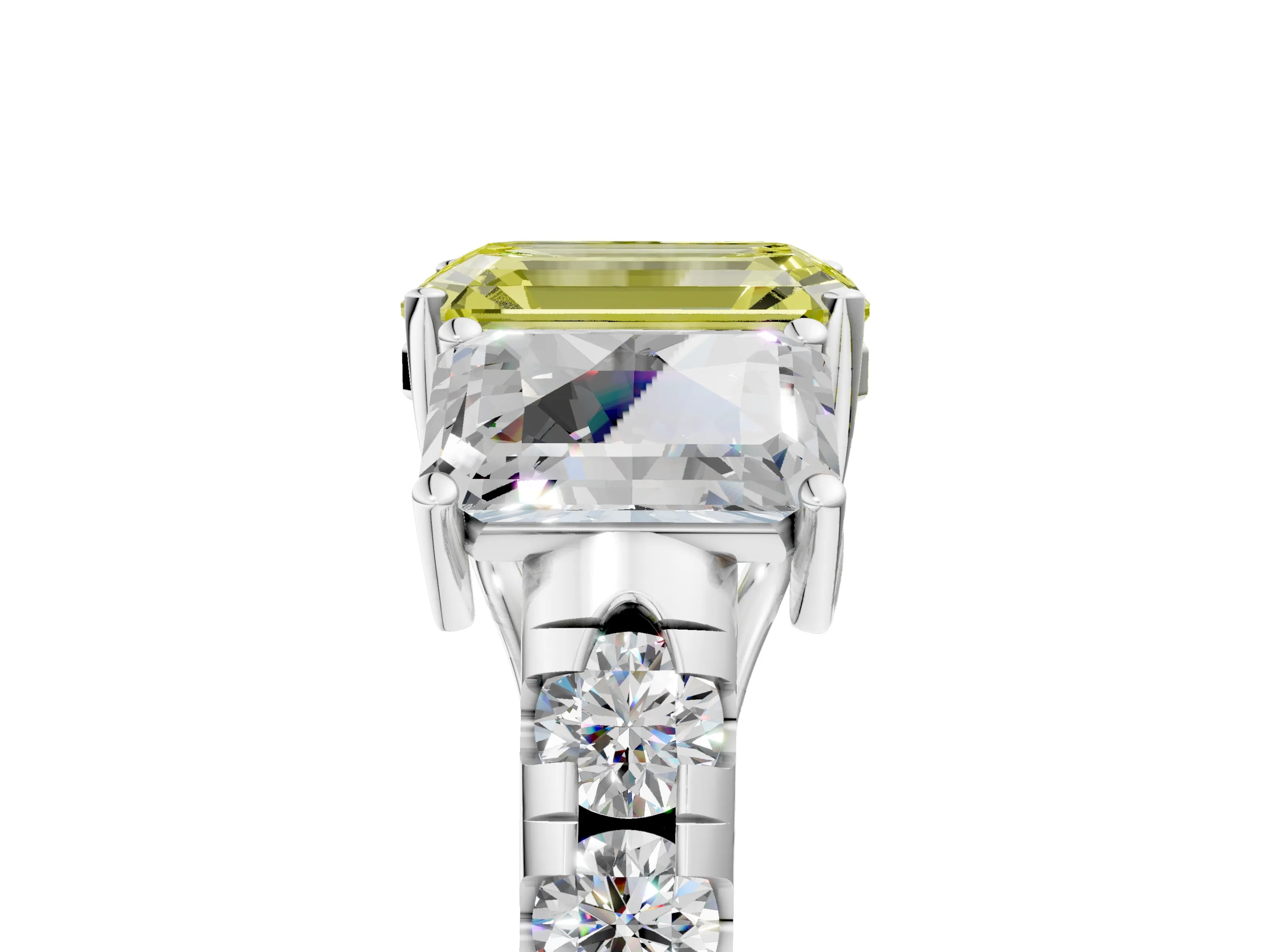 White gold Three-Stone Fancy Yellow Emerald Cut Diamond Pavé Band with Prong Setting_17