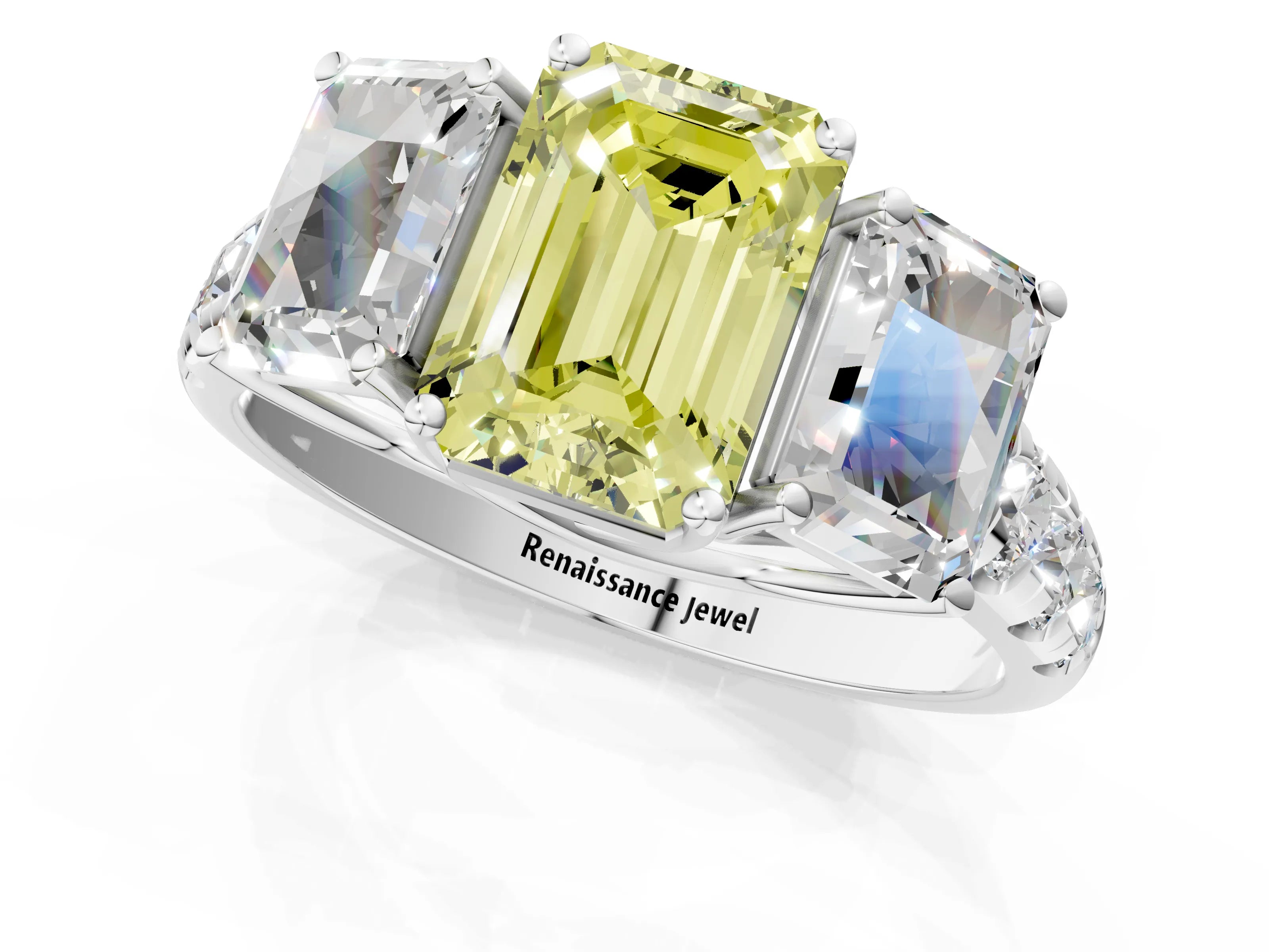 White gold Three-Stone Fancy Yellow Emerald Cut Diamond Pavé Band with Prong Setting_1