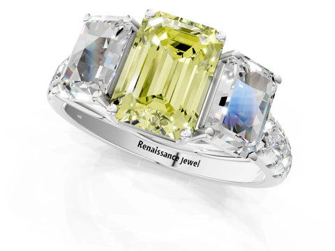 White gold Three-Stone Fancy Yellow Emerald Cut Diamond Pavé Band with Prong Setting_1