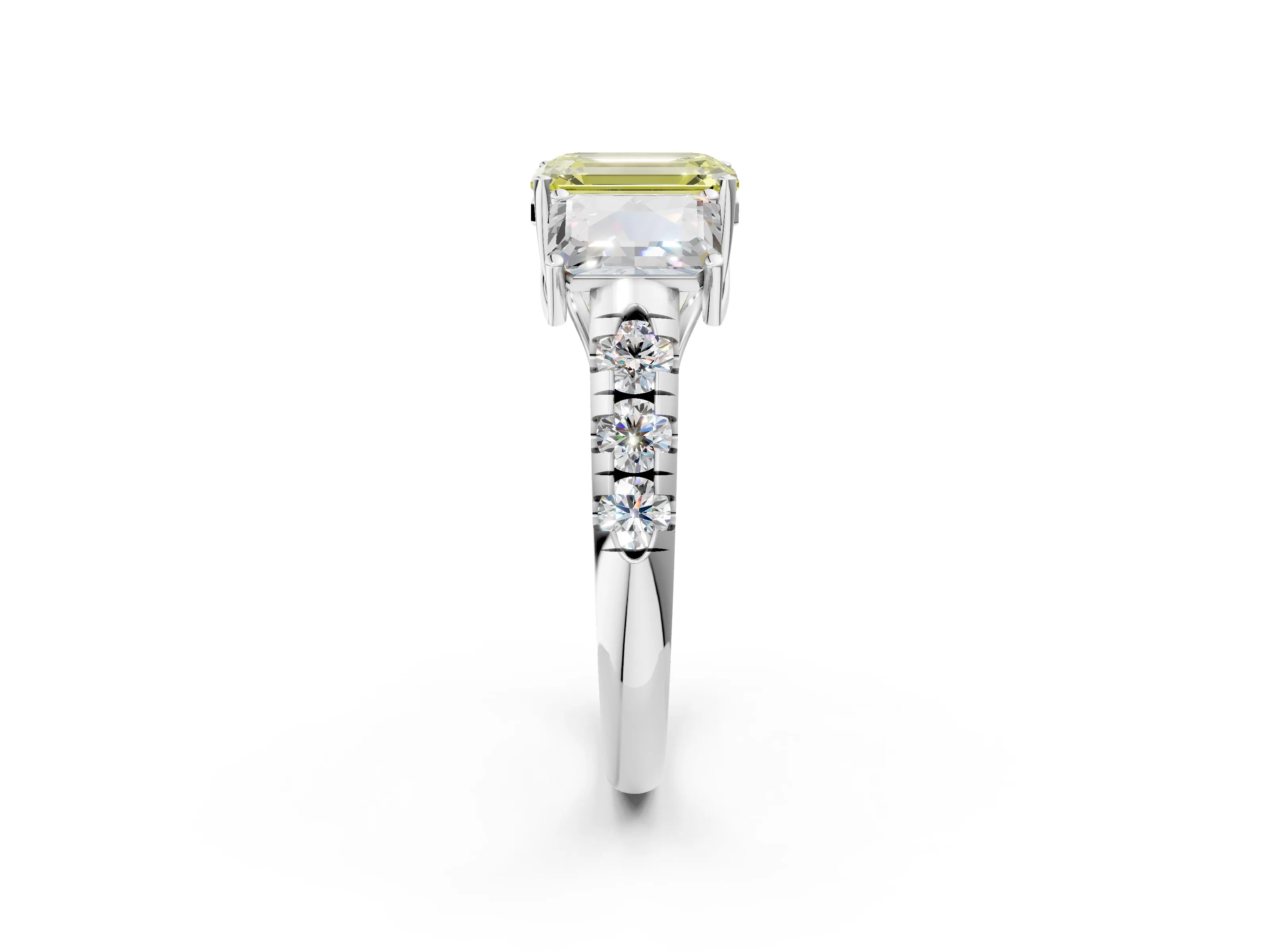 White gold Three-Stone Fancy Yellow Emerald Cut Diamond Pavé Band with Prong Setting_2