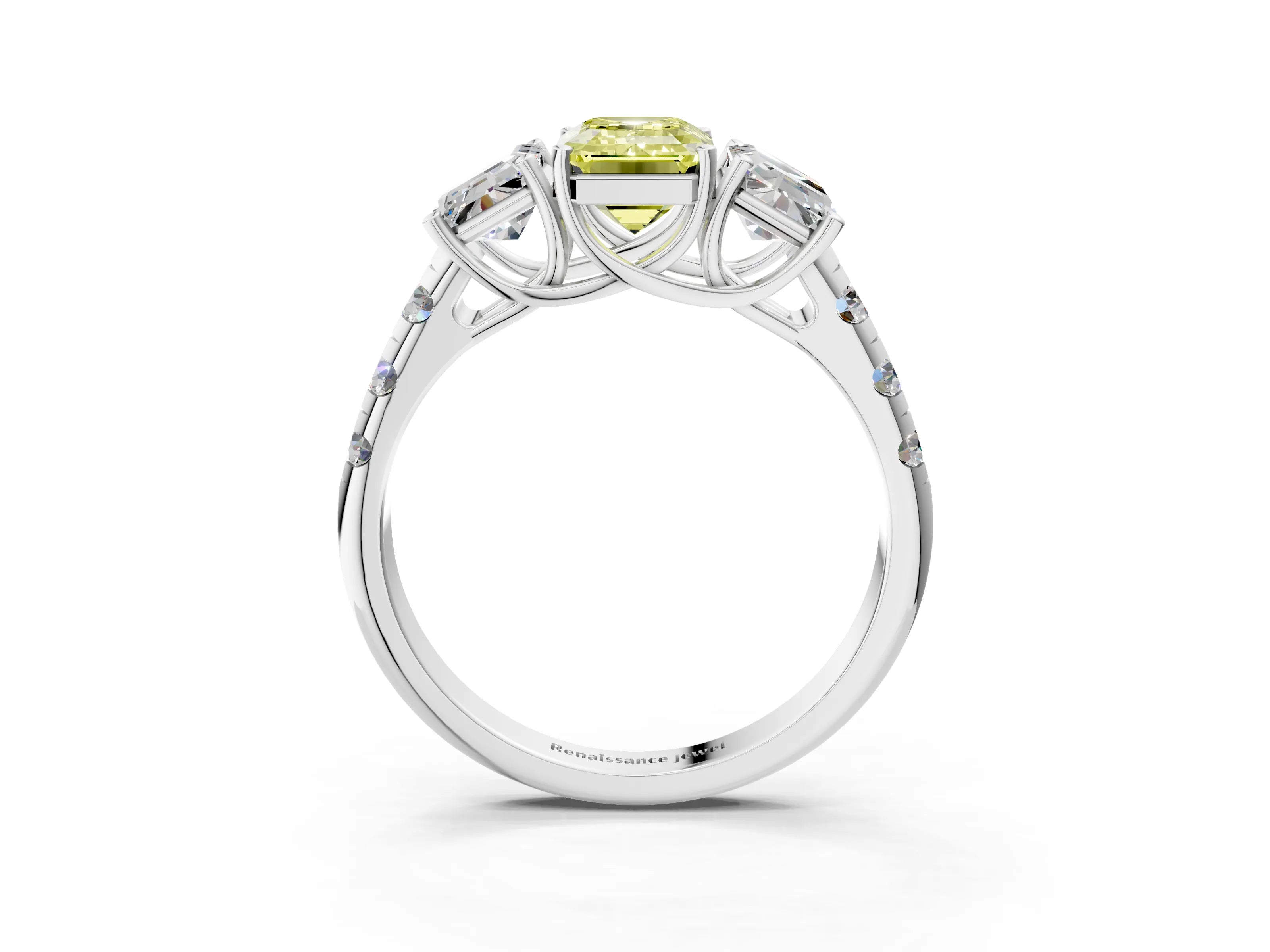 White gold Three-Stone Fancy Yellow Emerald Cut Diamond Pavé Band with Prong Setting_3