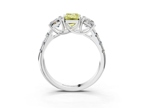 White gold Three-Stone Fancy Yellow Emerald Cut Diamond Pavé Band with Prong Setting_3