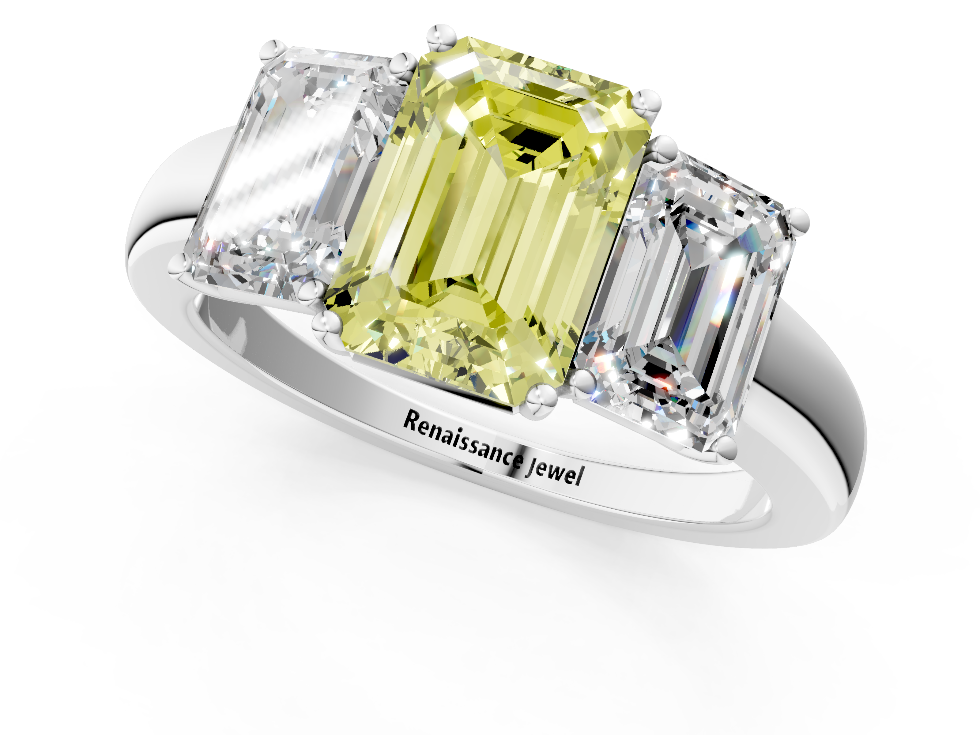 White gold Three-Stone Fancy Yellow Emerald  Cut Diamond Ring with Channel-Set Band and Four-Prong Setting_31
