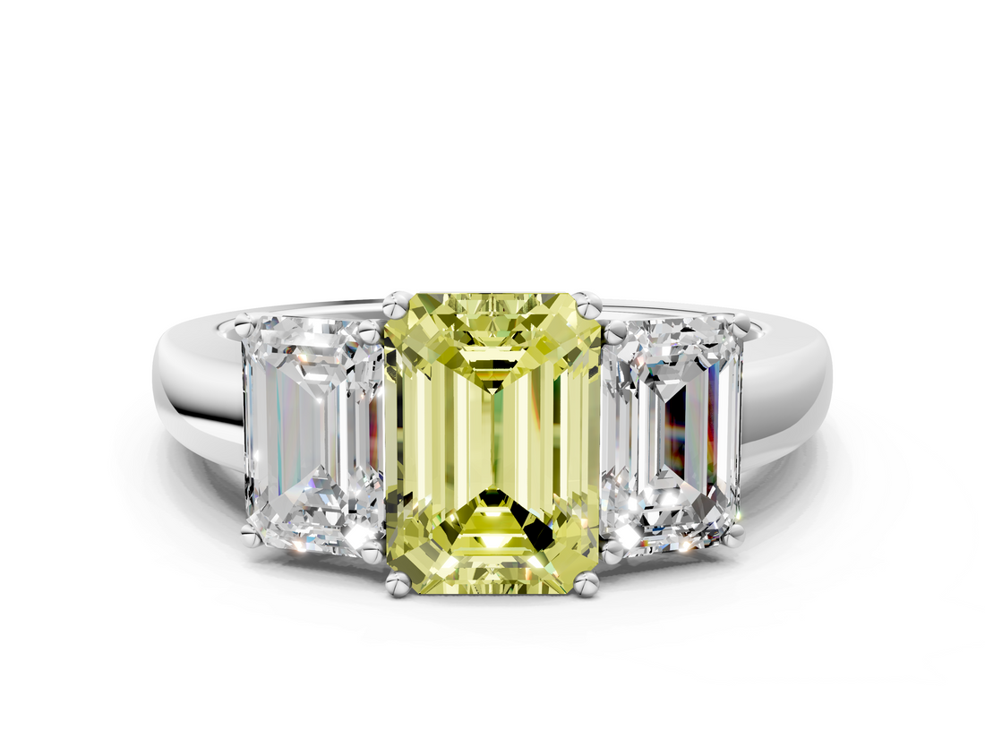 White gold Three-Stone Fancy Yellow Emerald  Cut Diamond Ring with Channel-Set Band and Four-Prong Setting_47
