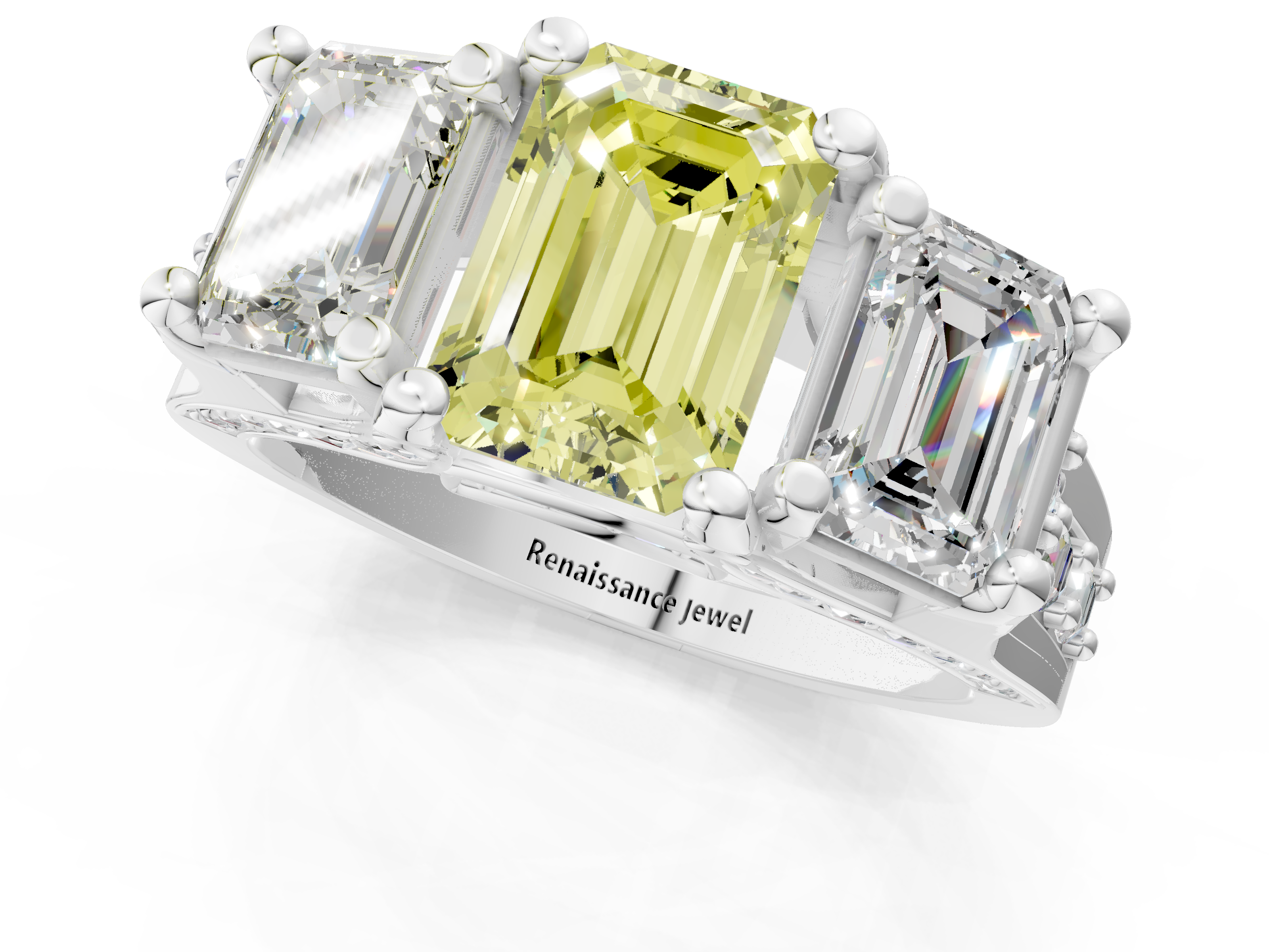 White gold Three-Stone Fancy Yellow Emerald  Cut Diamond Ring with Channel-Set Band and Four-Prong Setting_48