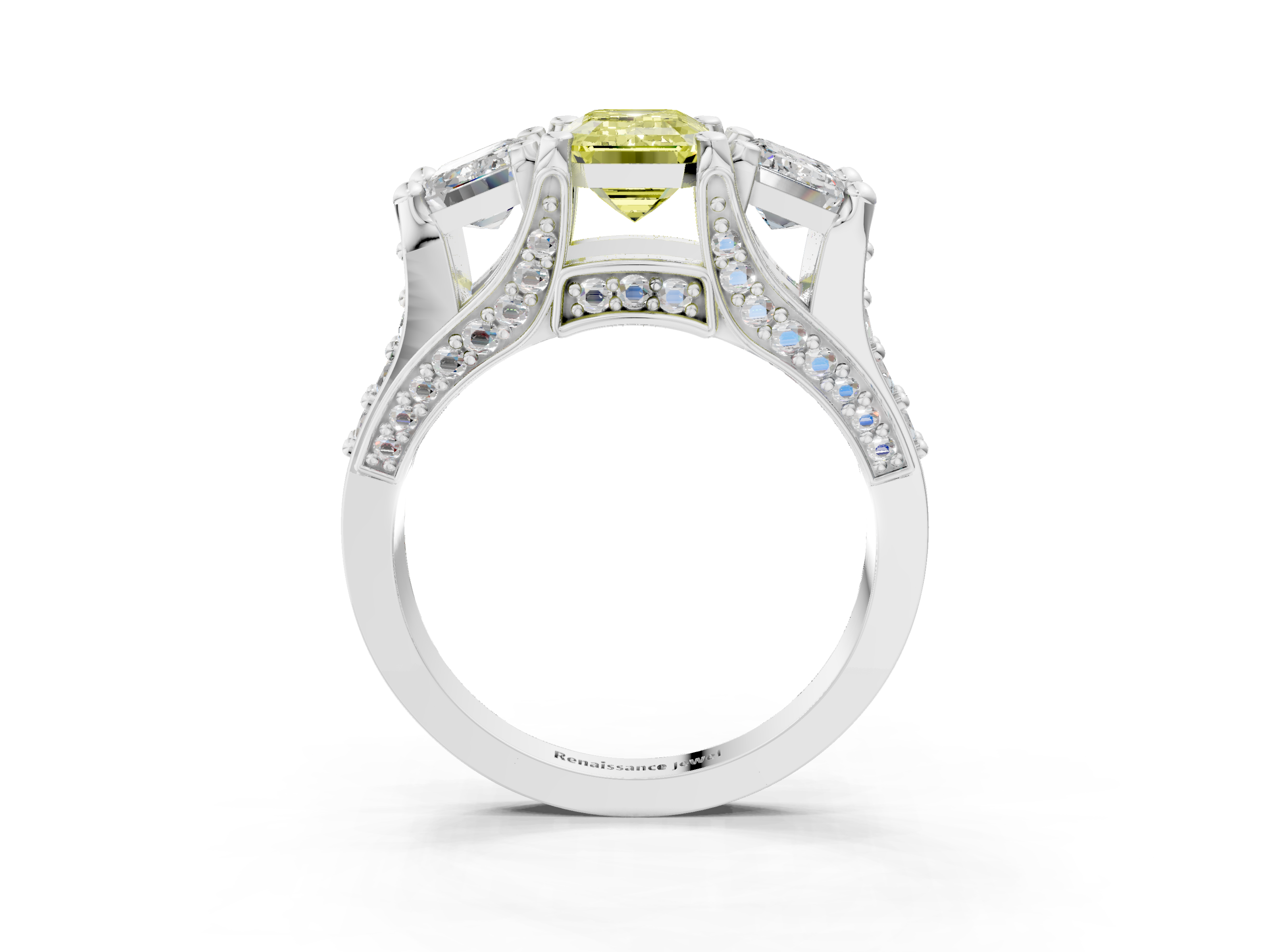 White gold Three-Stone Fancy Yellow Emerald  Cut Diamond Ring with Channel-Set Band and Four-Prong Setting_50