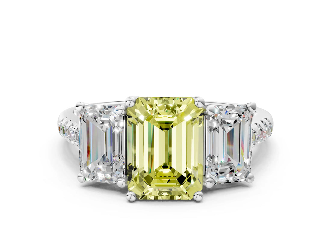 White gold Three-Stone Fancy Yellow Emerald Cut Diamond Ring with Pavé Band and Prong Setting_141